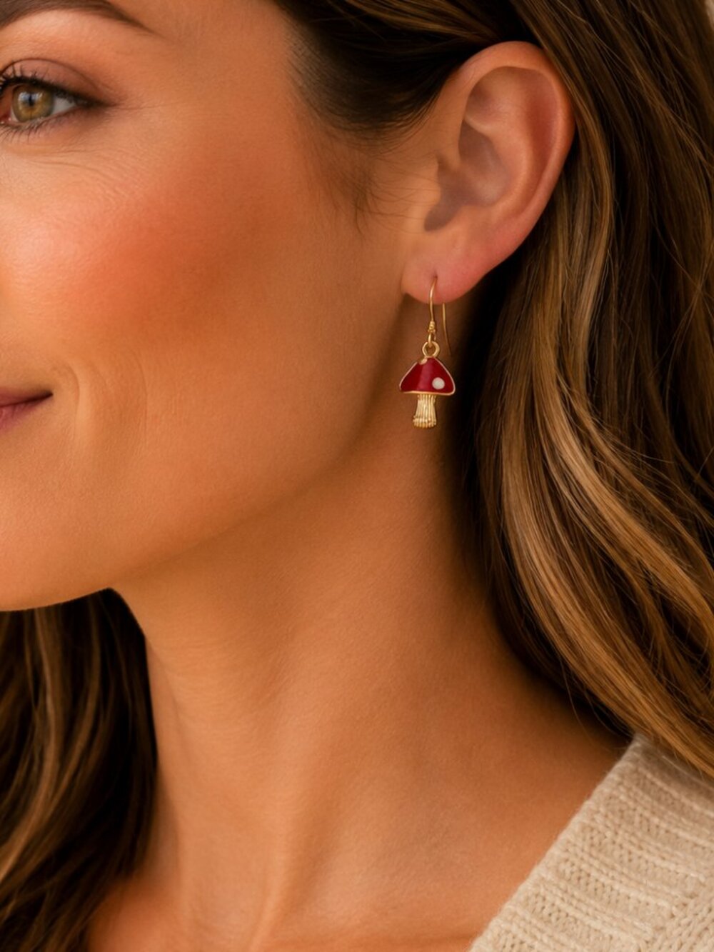 Red Enamel Mushroom Dangle Earrings Gold Cottagecore Fairycore Woodland